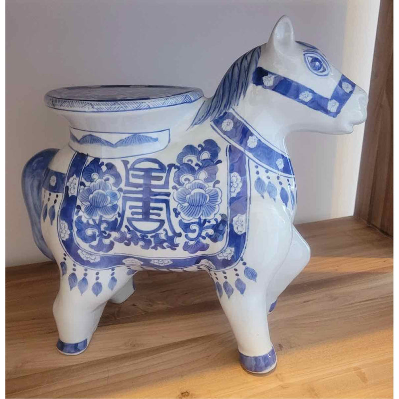 Chinese-Style Blue & White Ceramic Plant Stand Shaped Like Donkey