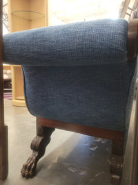 19th C. American Empire Mahogany Scroll-Arm Sofa w/ Blue Upholstery