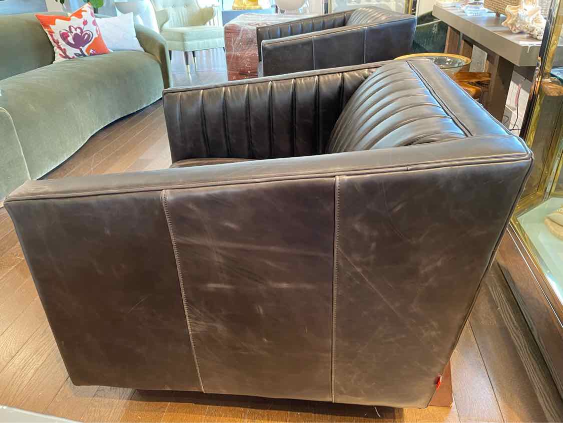 PAIR of Wallace Brown Leather Upholstered Lounge Chairs by Gus (AS IS)