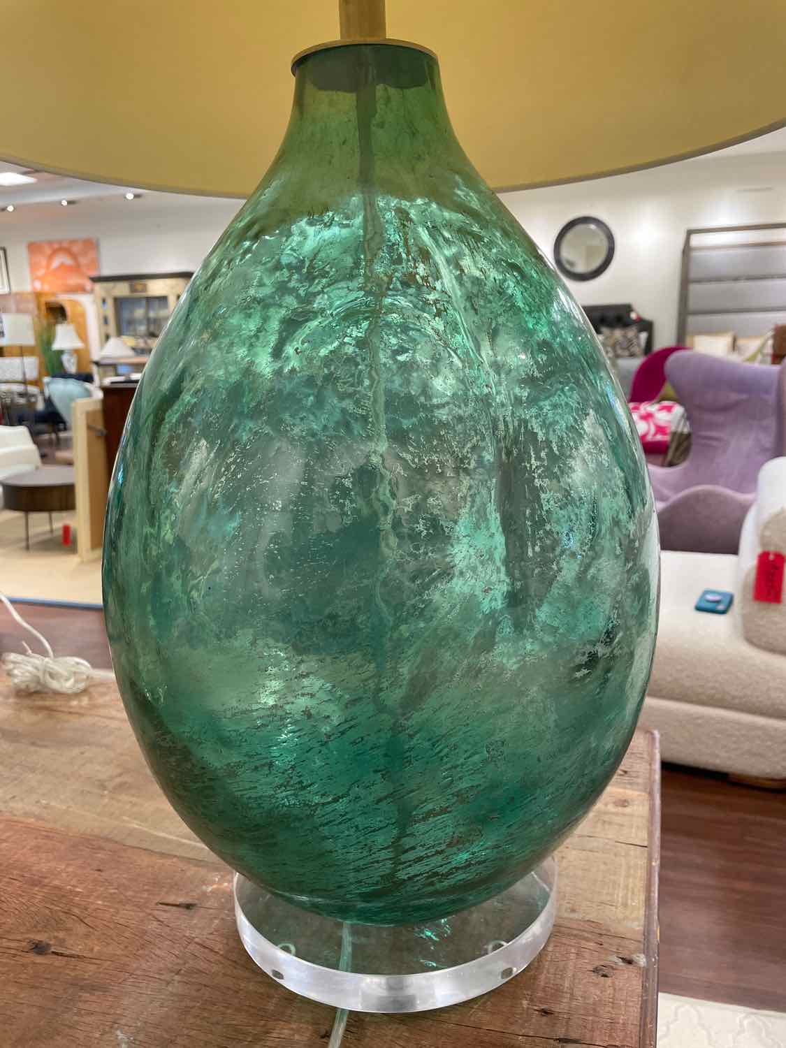Green Glass Table Lamp on Acrylic Base w/ White Shade