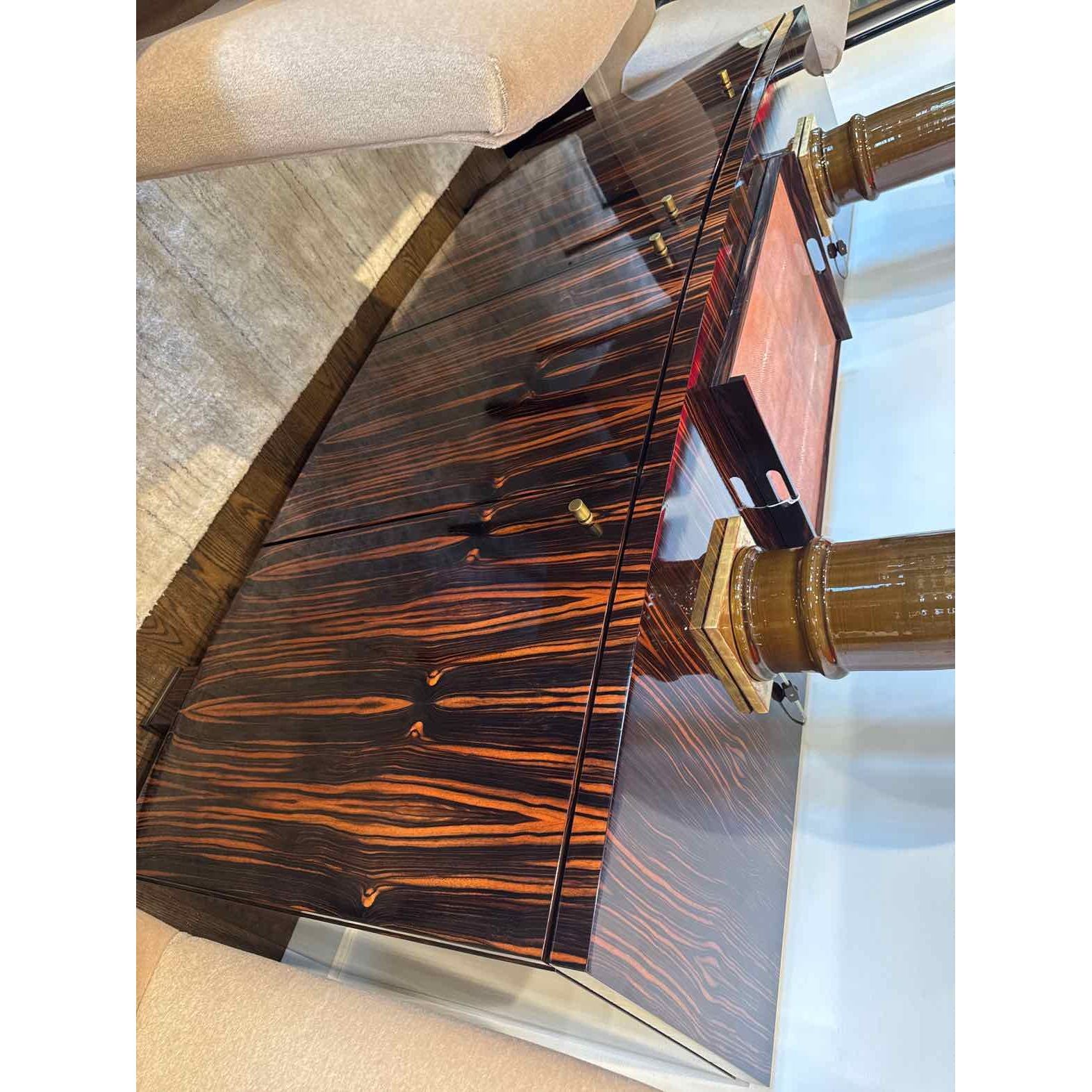 Custom Polished Maccassar Ebony Bowed Front Buffet w/ Bronze Pulls
