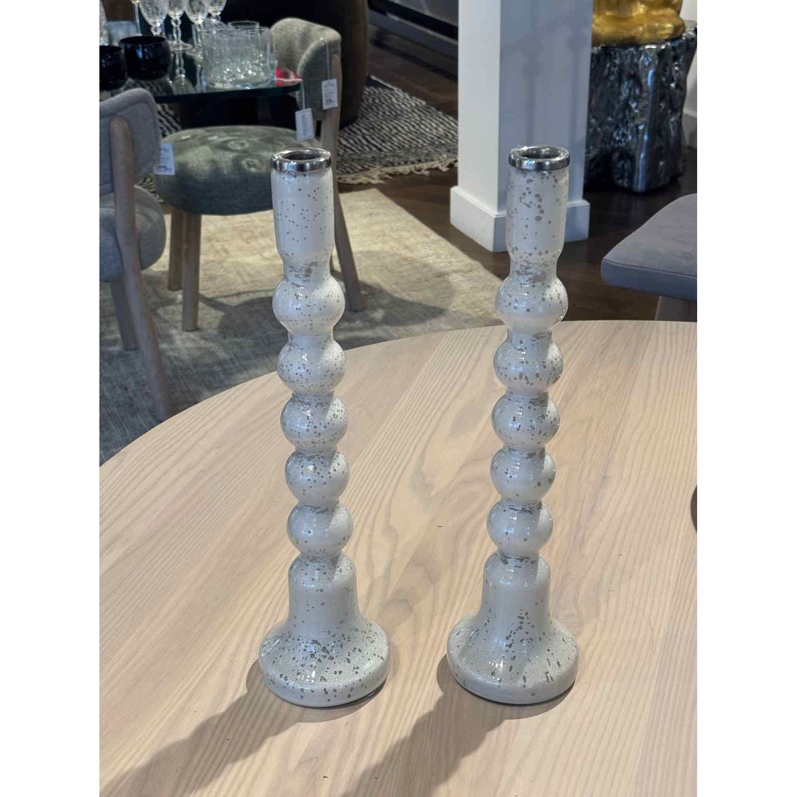 Pair of Gray-Speckled White Glass Candlesticks