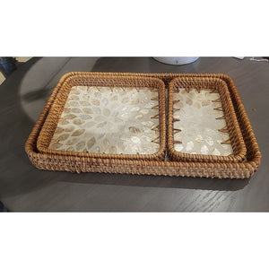 SET of 3 White Mother of Pearl Inlay Trays w/ Wicker Edge