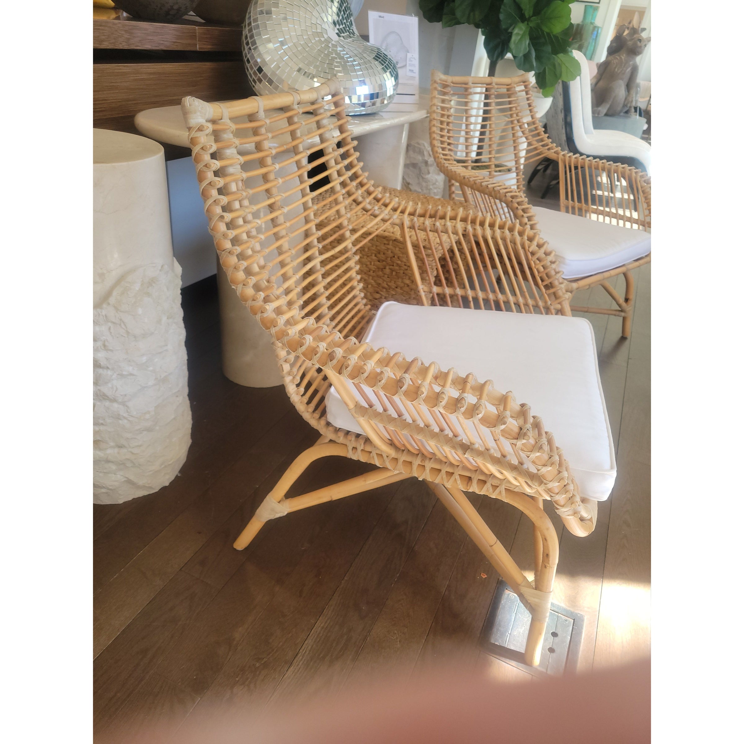 PAIR of Venice Rattan Chairs w/ White Cushions by Serena & Lily