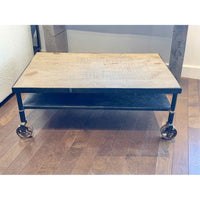 Rustic Woodtop 2-Tier Rolling Metal Coffee Table