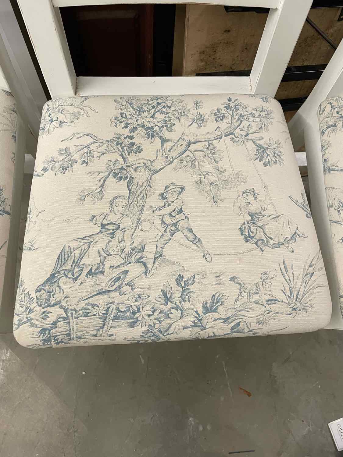 SET of 3 Vintage White Counter Stools w/ Toile Seat Cushions (AS IS)