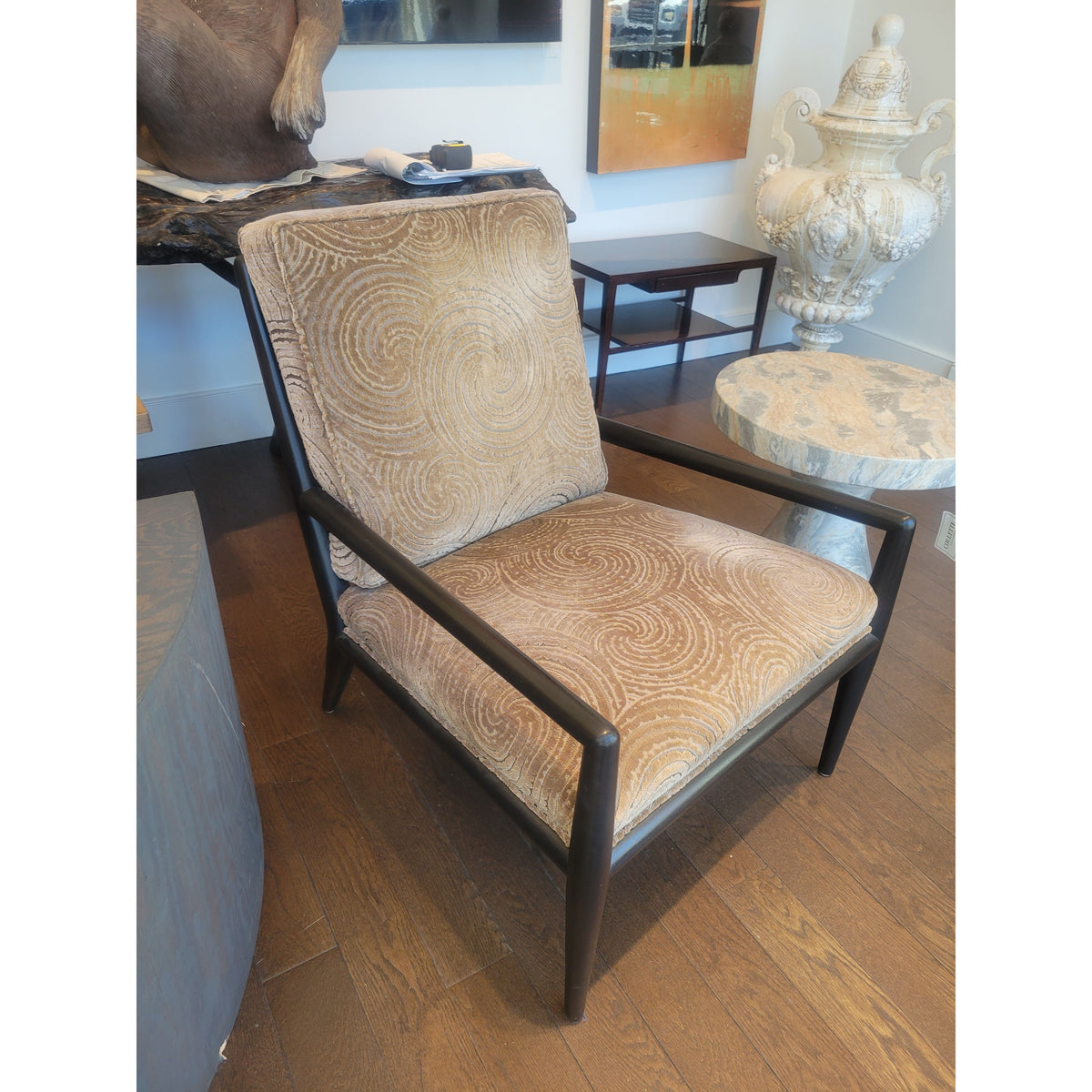 Dark Wood Slat Back Lounge Chair w/ Sleek Line Arms & Brown Swirl Upholstery - colletteconsignment.com