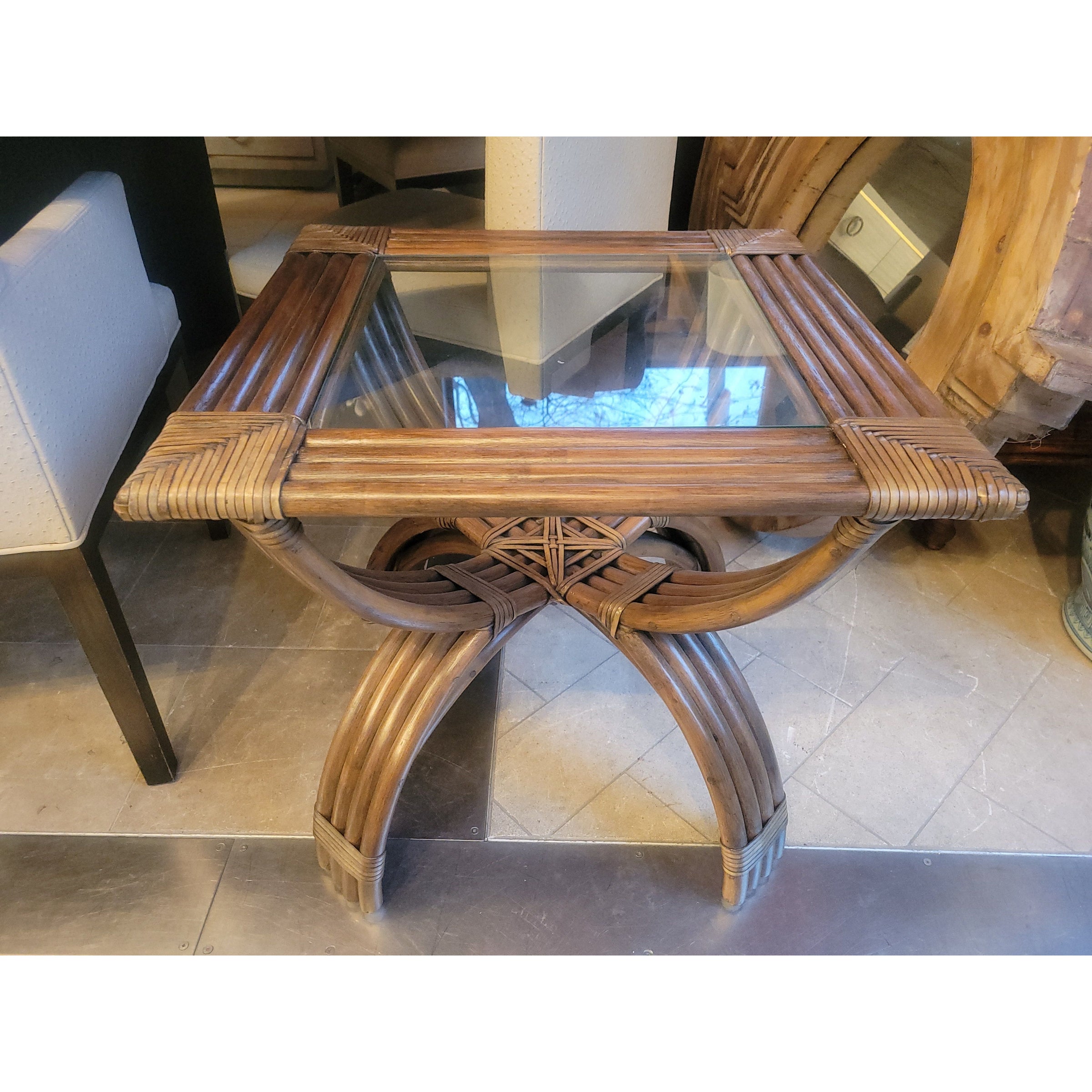 Pencil Reed Rattan Glass Top Side Table