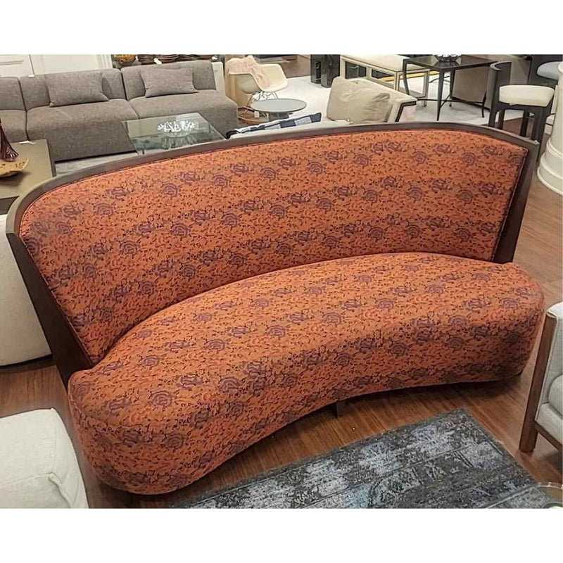 7-ft Curved Dark Wood Sofa w/ Autumn Flora Upholstery