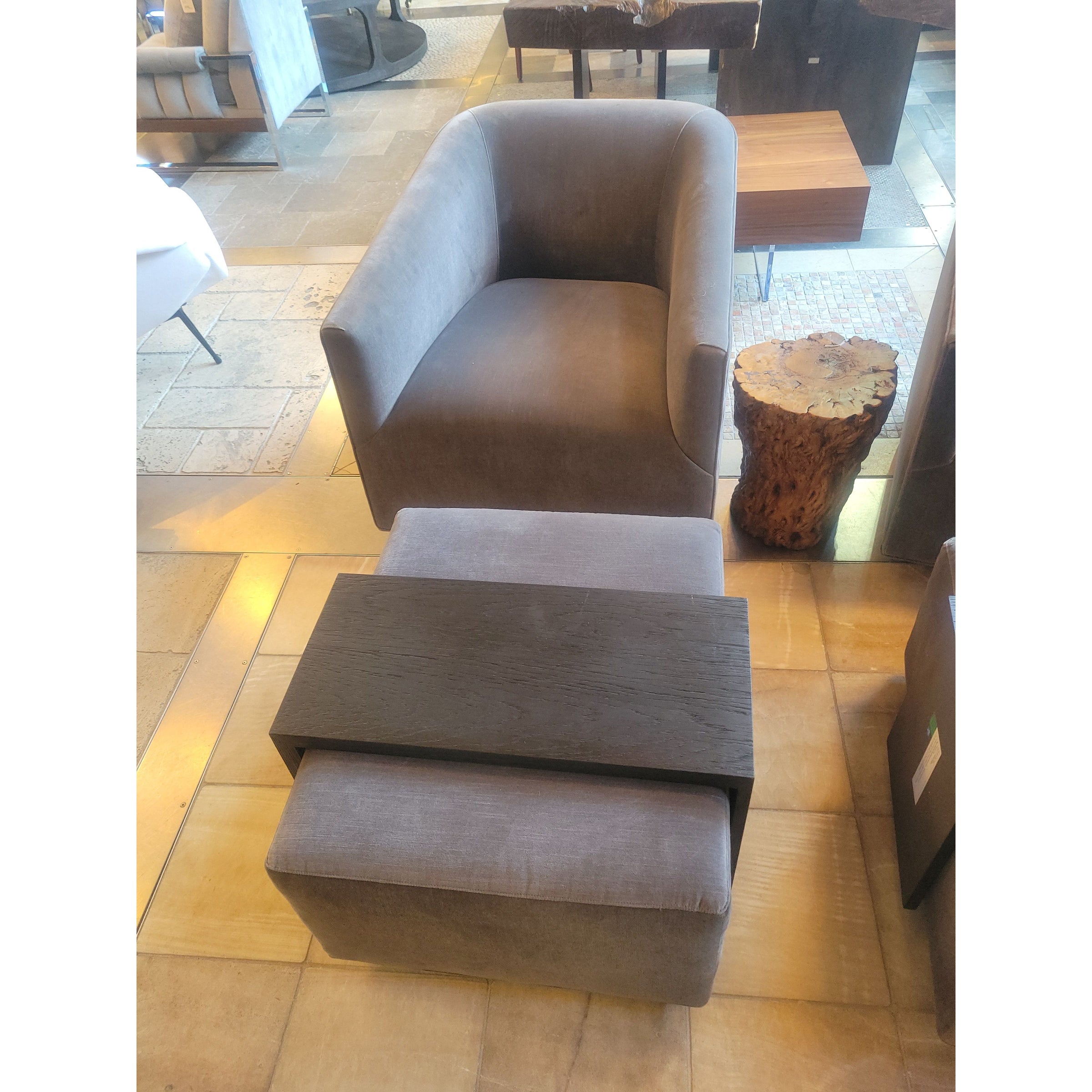 Gray Velvet Ottoman w/ Detachable Dark Oak Side Table