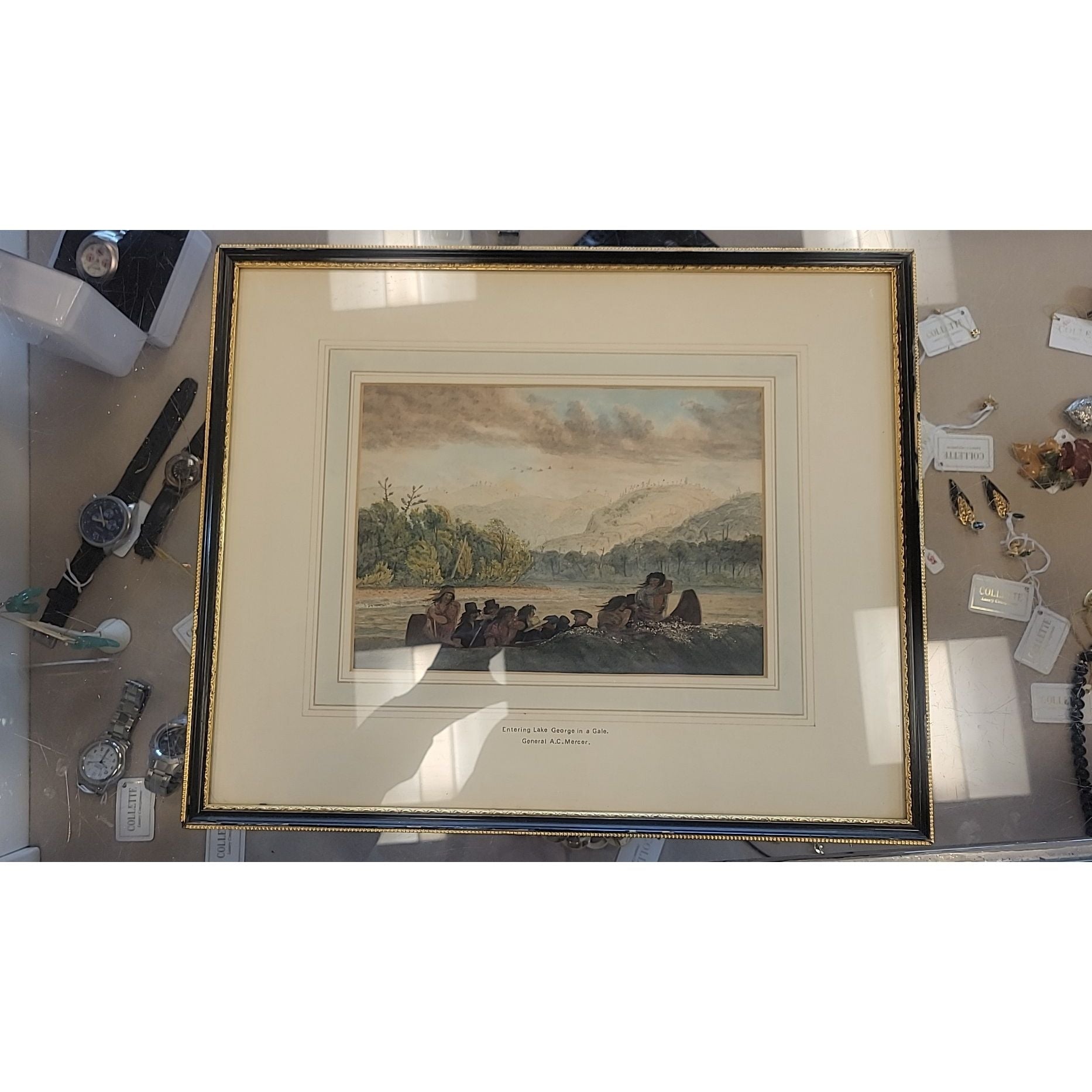 'Entering Lake George in a Gale' 1824 Watercolor Painting in Frame