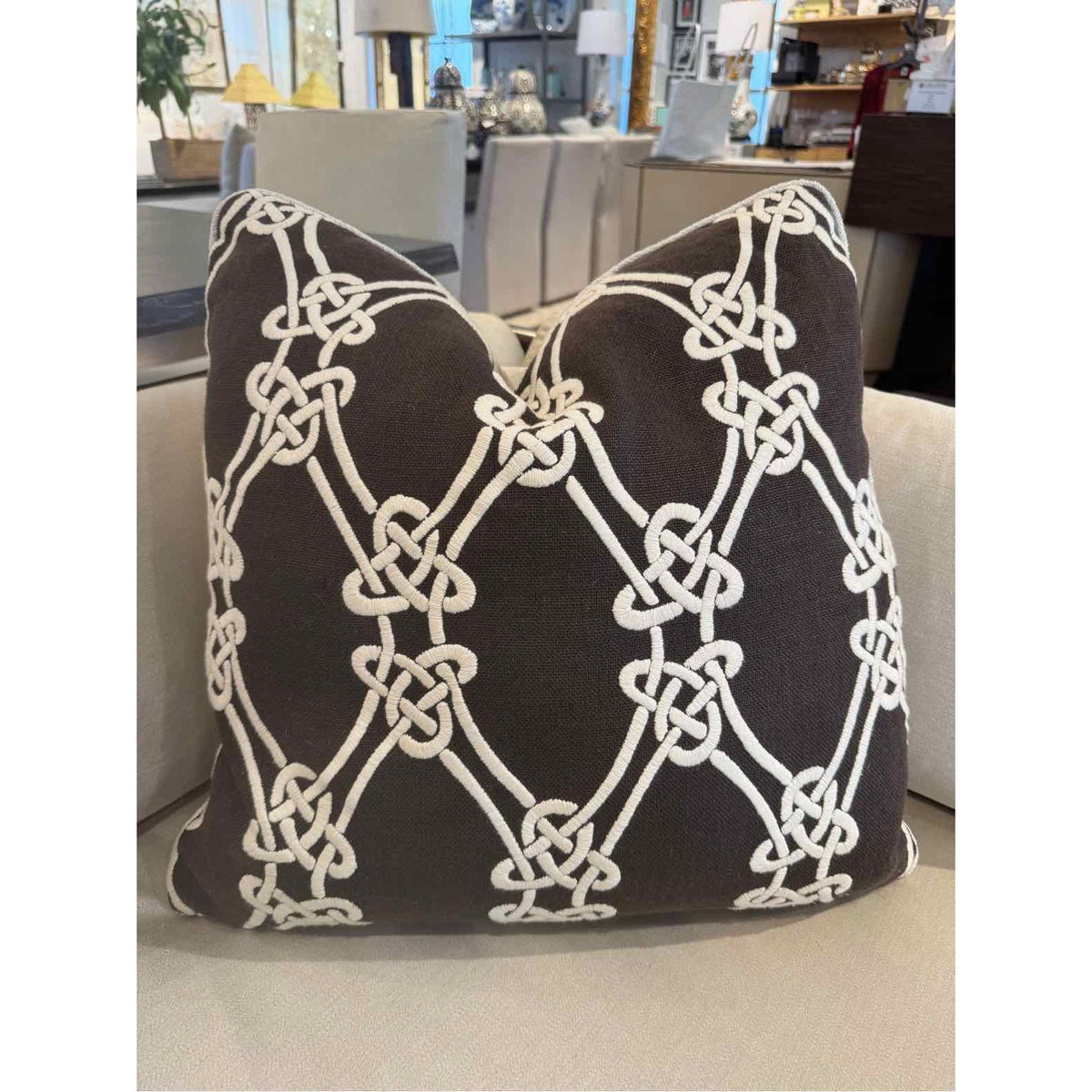 PAIR of Custom Brown & Off-White Nautical Knots Embroidered Square Pillows