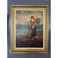 Two Ladies on Beach Oil Painting by in Gold Tone Frame - AS IS