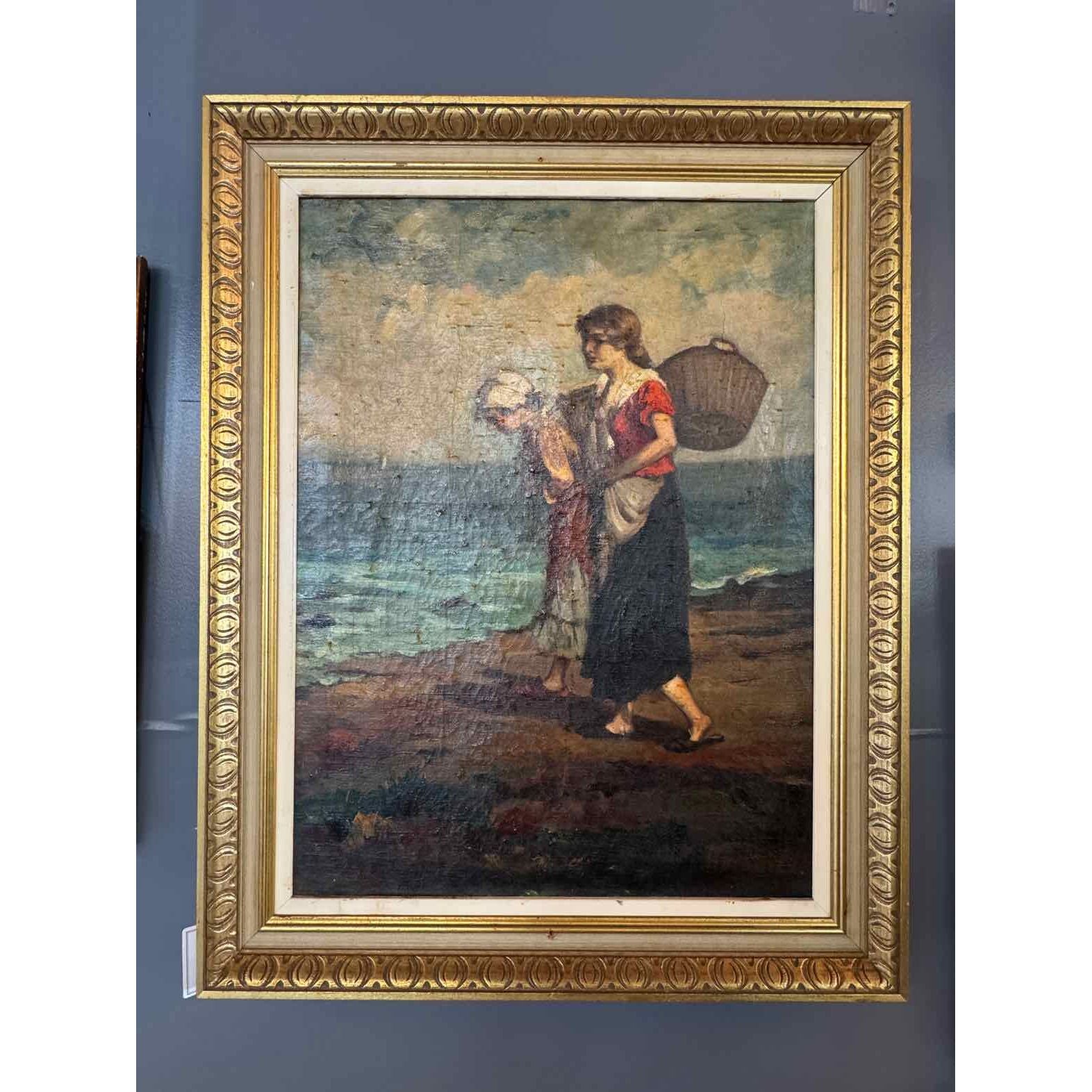 Two Ladies on Beach Oil Painting by in Gold Tone Frame - AS IS
