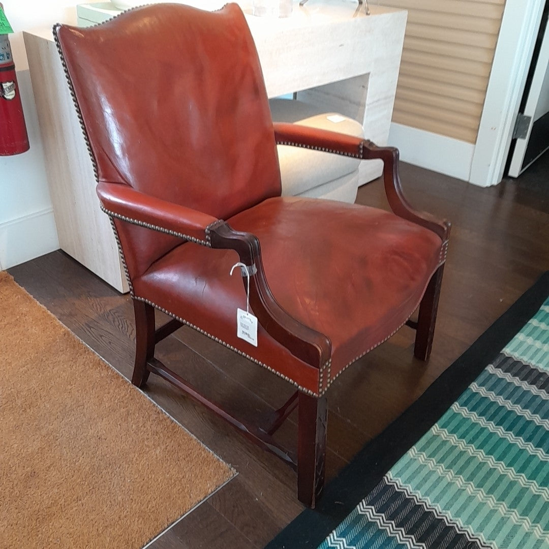 Antique Style Saddle Brown Leather and Mahogany Armchair, 27.5Lx28"Dx36"H