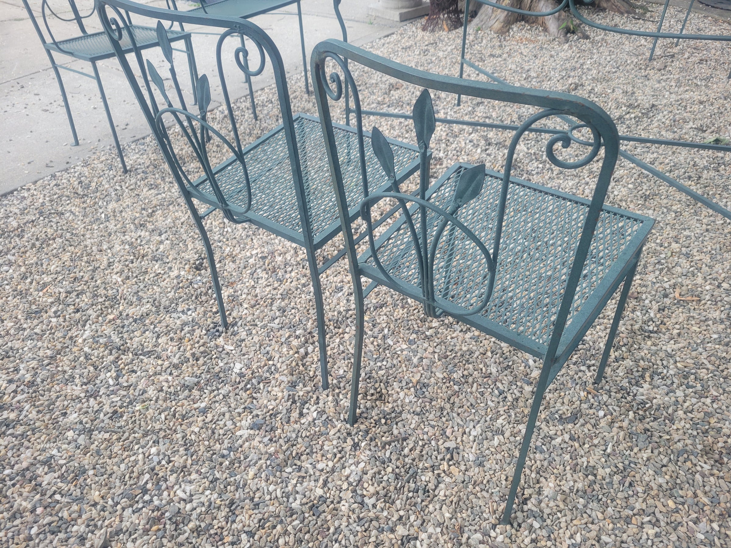 SET of 5-ft Green Iron Glass Top Dining Table, 4 Side Chairs, 2 Arm Chairs