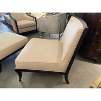 PAIR of Beige Upholstered Castel Slipper Chairs on Walnut Bases by Baker (AS IS)