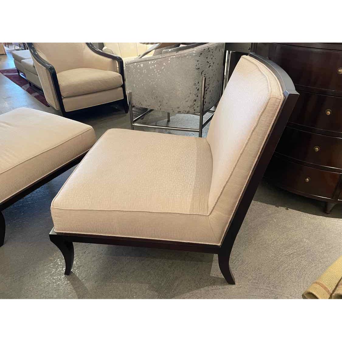PAIR of Beige Upholstered Castel Slipper Chairs on Walnut Bases by Baker (AS IS)