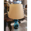 PAIR of Blue Glass Table Lamps on Wood Bases w/ Beige Shades