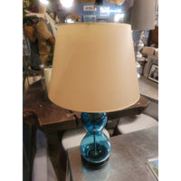 PAIR of Blue Glass Table Lamps on Wood Bases w/ Beige Shades