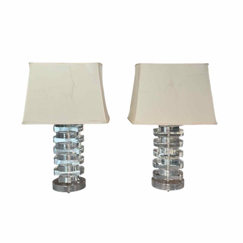 Pair of Stacked Lucite Table Lamps by Karl Springer w/ Lamp Shades