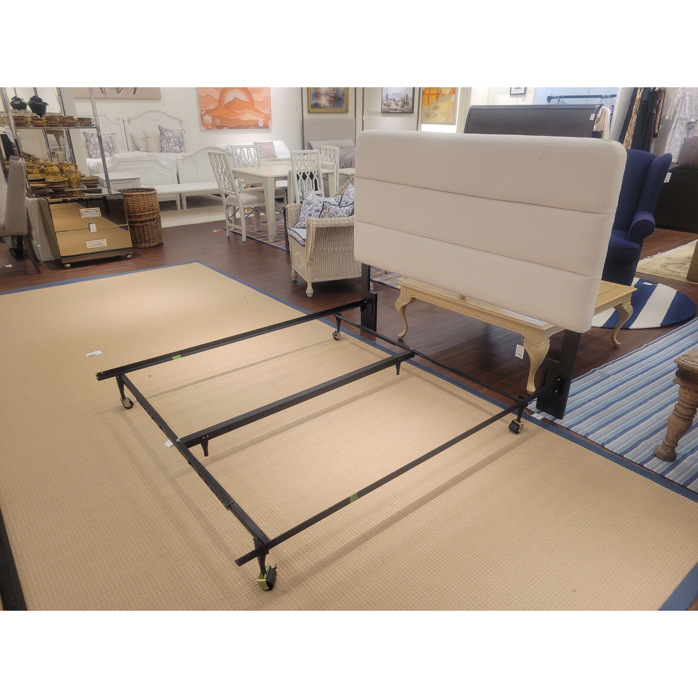 Queen-Sized Metal Bed Frame w/ White Boucle Headboard