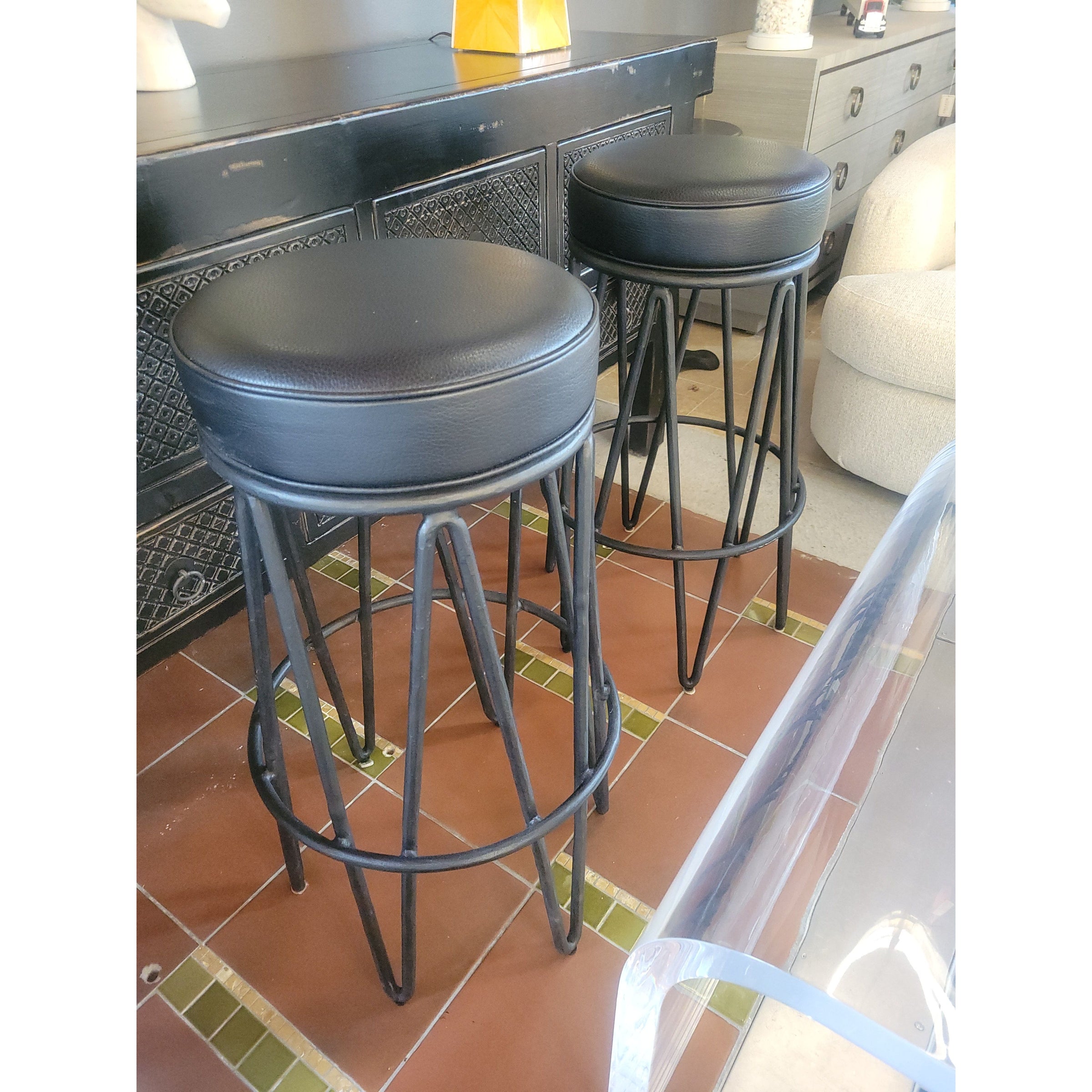 PAIR of Black Leather & Iron Bar Stools