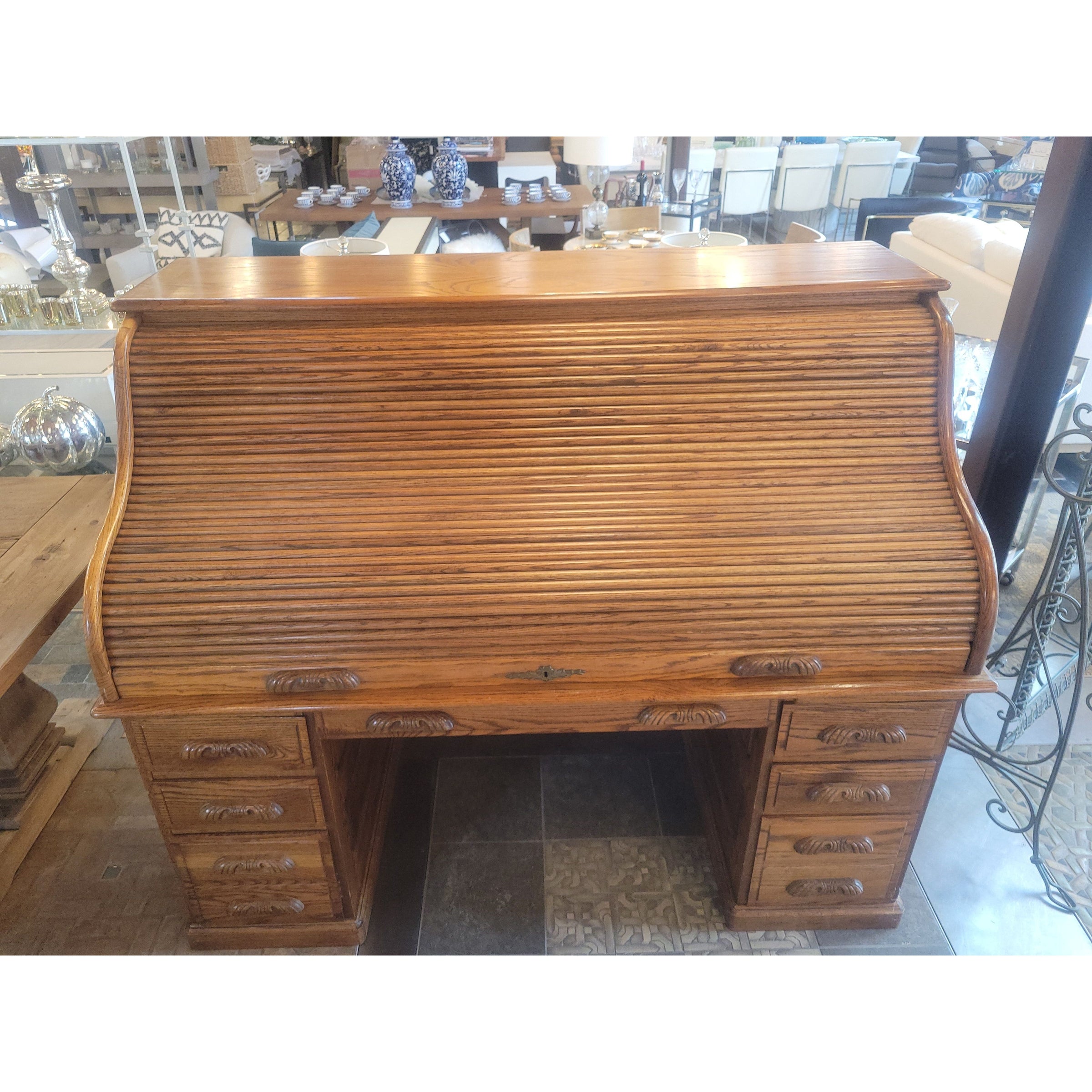 Early 20th C Edwardian Oak Roll Top Desk