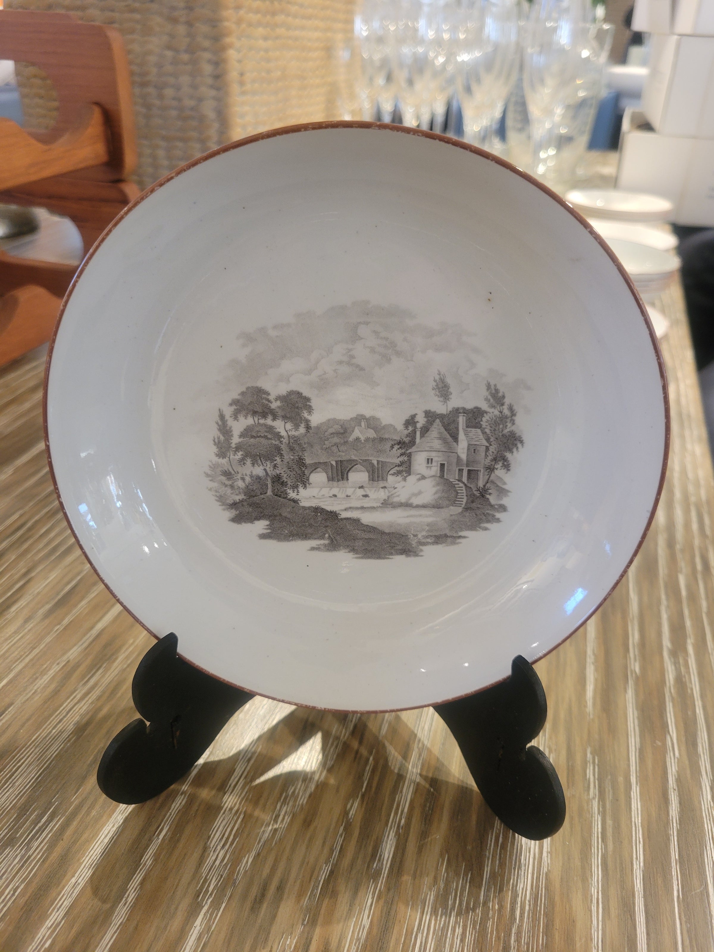 41-Pc 19th C. British Bat-Printed Porcelain Dish Set by Spode w/ Display Stands