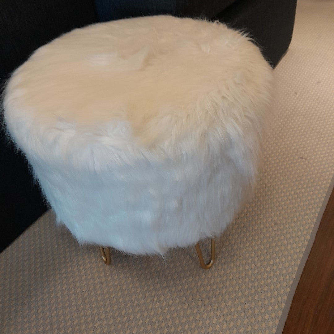 White Faux Shearling Pouf w/ Gold Metal Base