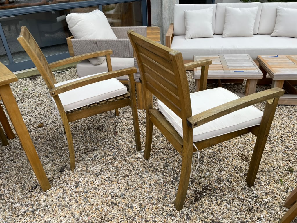 Pair of Teak Outdoor Dining Chair w/ White Cushions