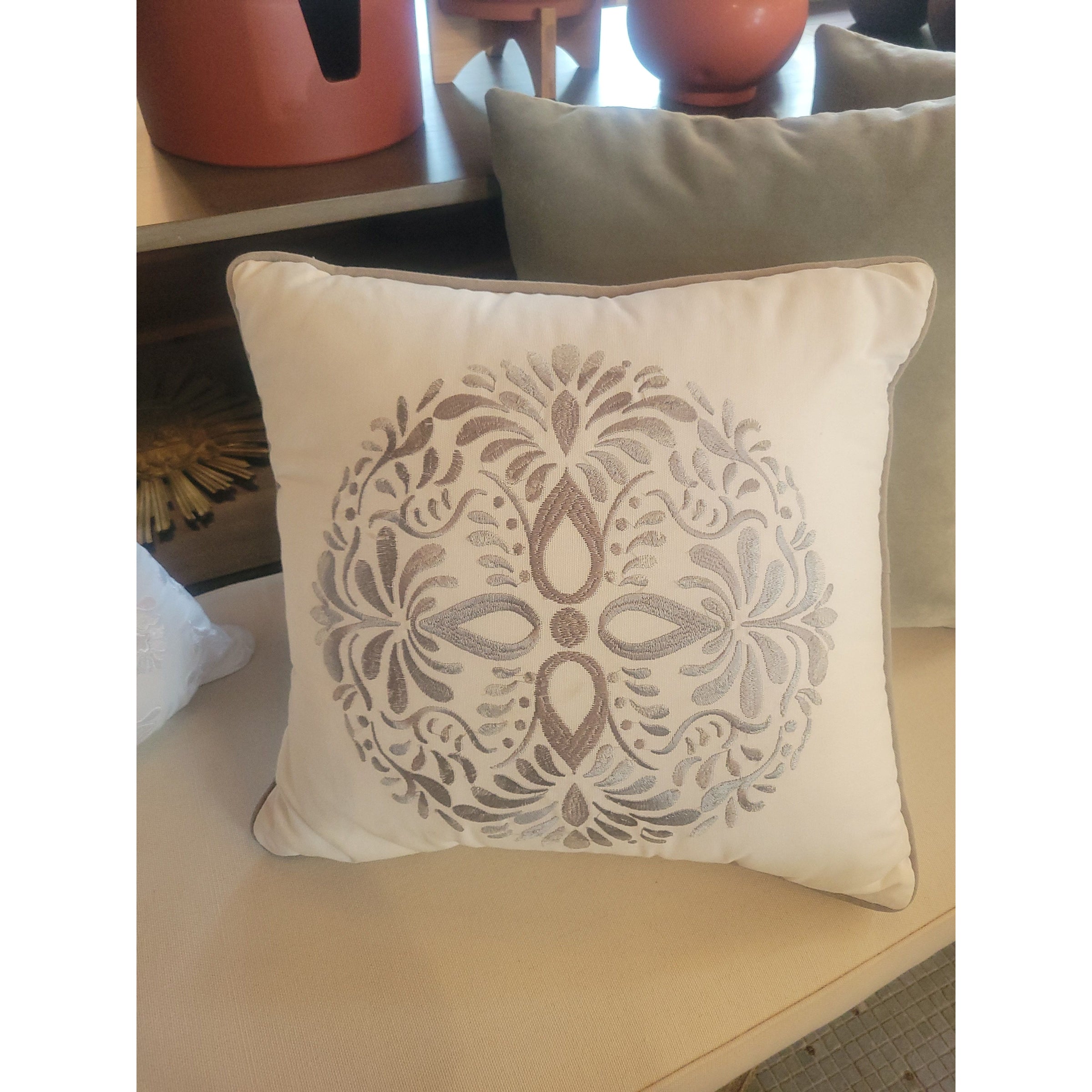 Silver Embroidered White Square Pillow
