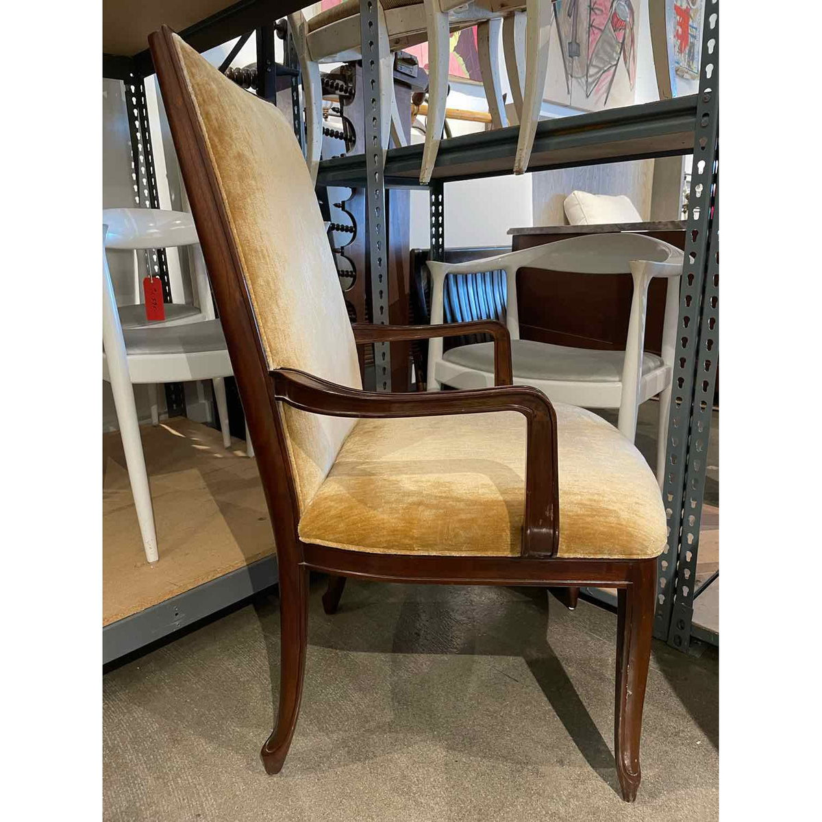 PAIR of Yellow Velvet Armchairs w/ Walnut Panel Backs by Baker