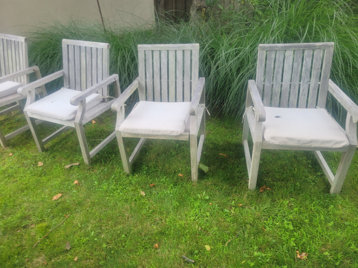 SET of 6 Teak Dining Arm Chairs w/ White Cushions (AS IS)