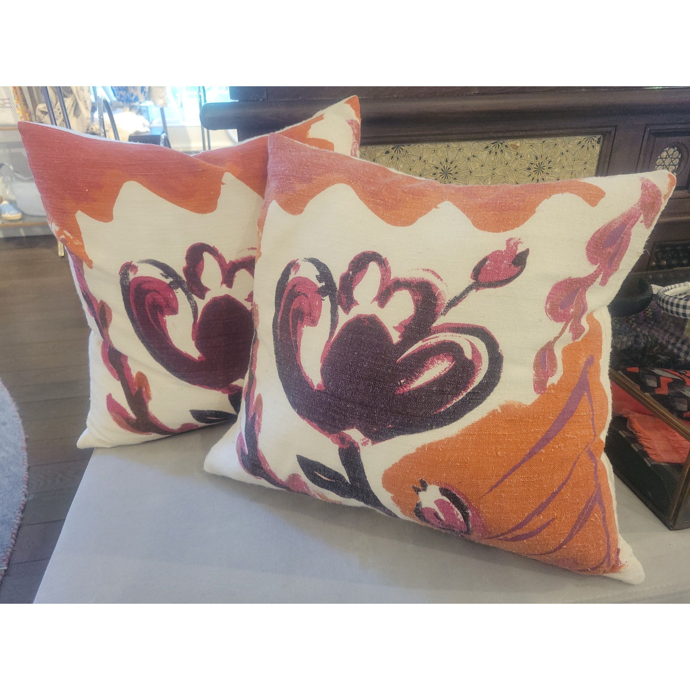 PAIR of Orange Fig Bloom Floral Print Silk Pillows