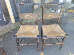 PAIR of Antique Black Wood Hitchcock Chairs w/ Rush Seats (AS IS)