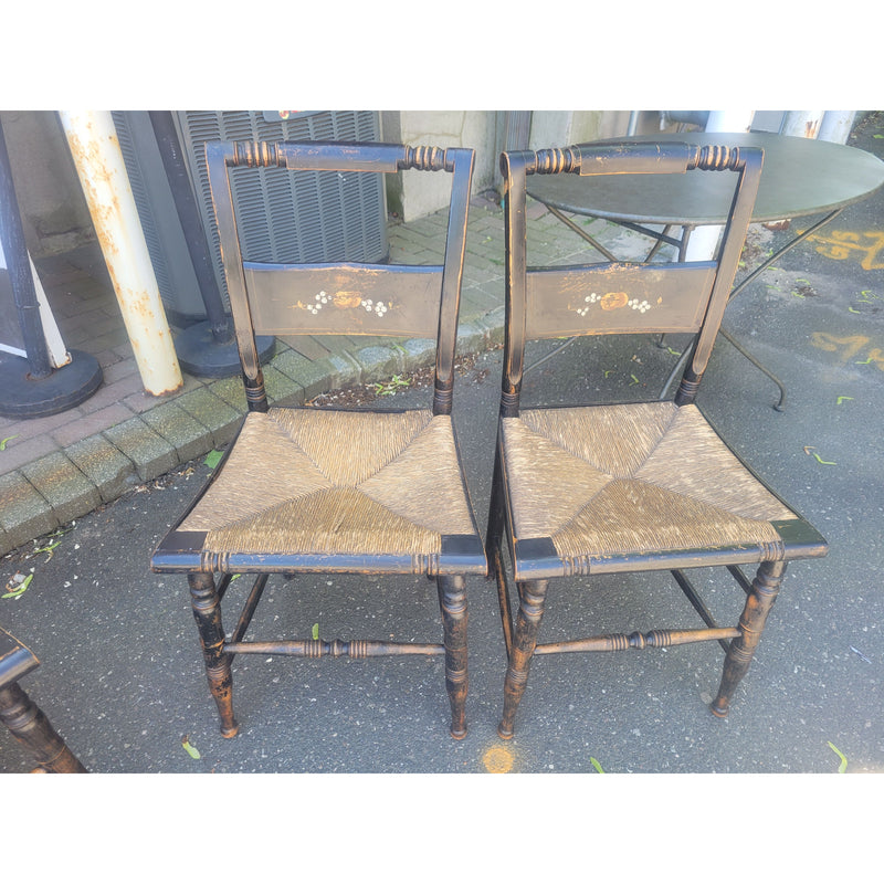 PAIR of Antique Black Wood Hitchcock Chairs w/ Rush Seats (AS IS) - colletteconsignment.com
