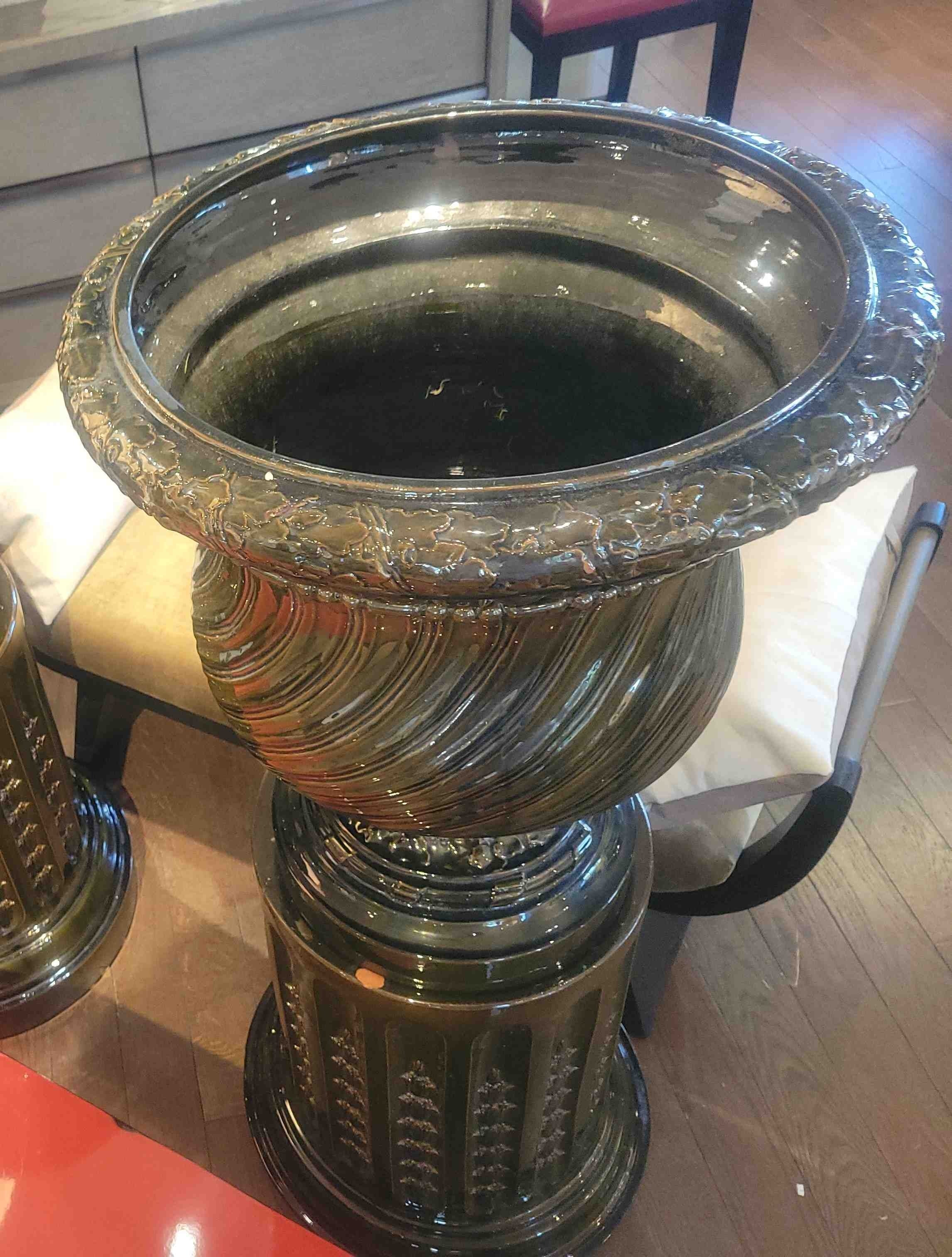 Vintage Dark Green Glazed Clay Urn on Pedestal from NY Armory