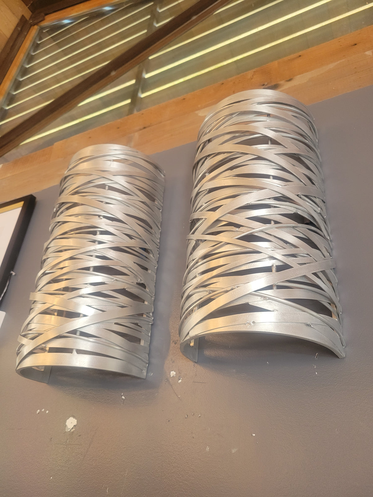 PAIR of Brushed Metal Cylinder Cage Wall Sculptures