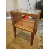Square Ash Wood Side Table w/ Glass Top & Cane Shelf