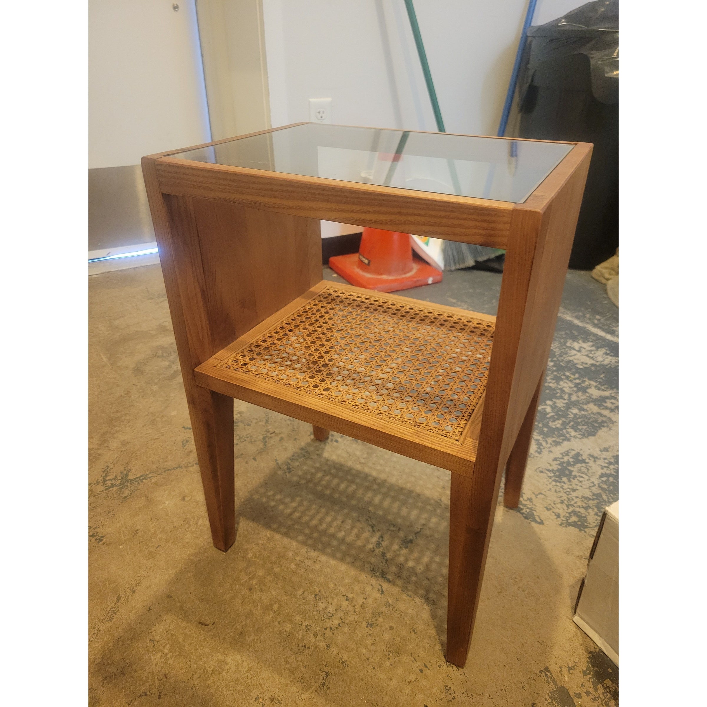 Square Ash Wood Side Table w/ Glass Top & Cane Shelf