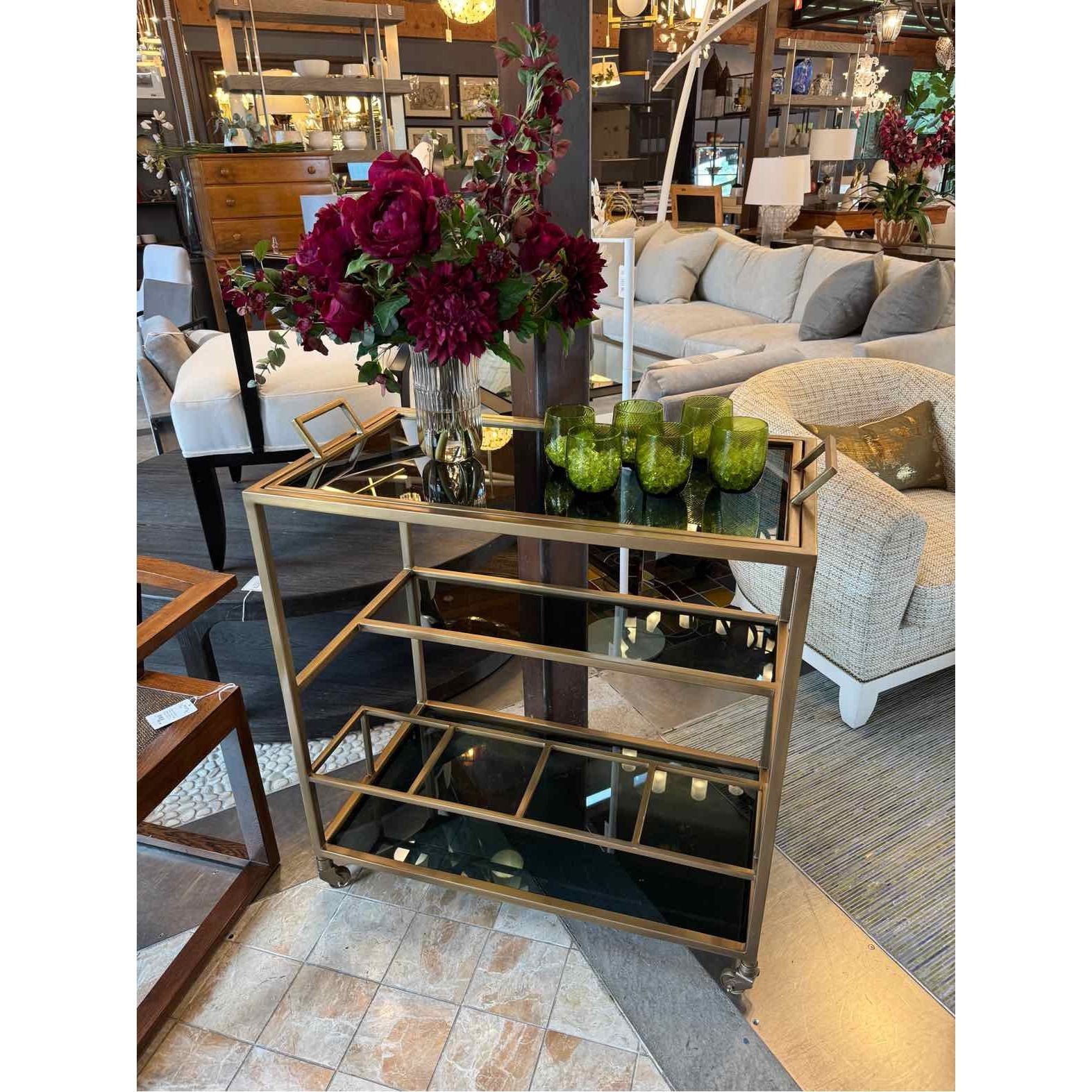 Custom Dark Brass & Glass Rolling Bar Cart w/ Removable Tray Top
