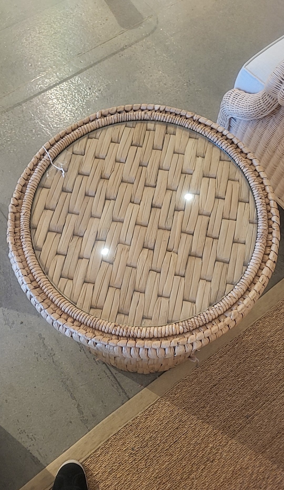 Round Woven Seagrass Side Table w/ Glass Top Attrib. to S&L (AS IS)