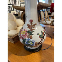 PAIR of Vintage Chinese Bird & Floral Painted Table Lamps w/ Linen Shades