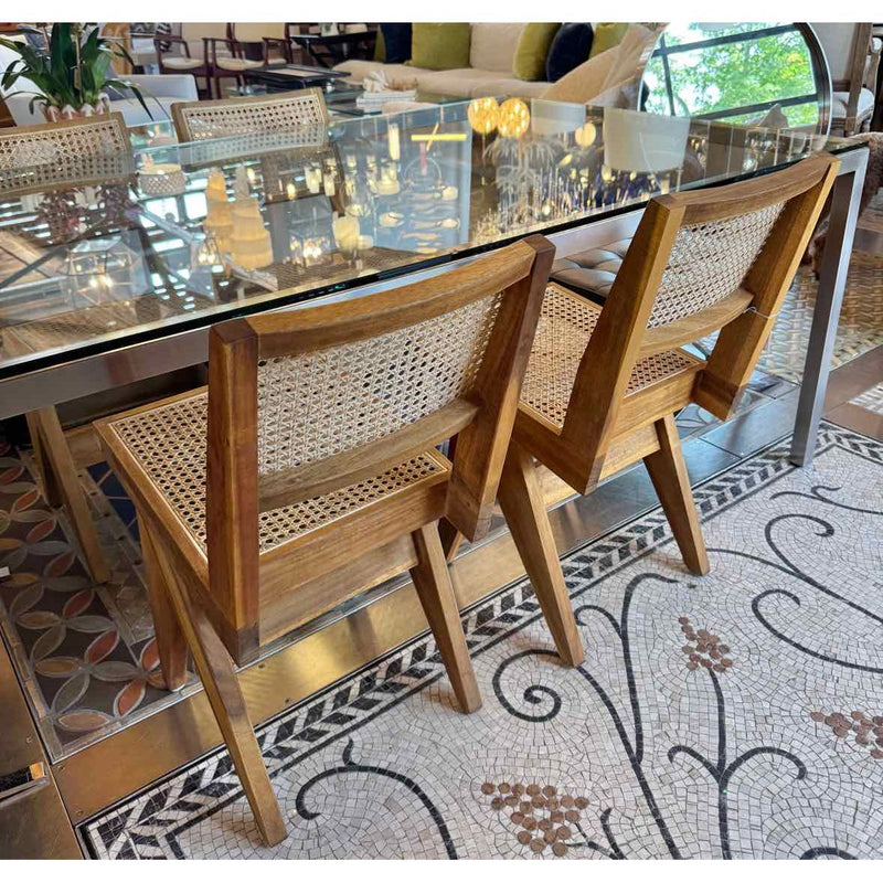 SET of 4 Acacia Wood & Rattan Cane Dining Chairs