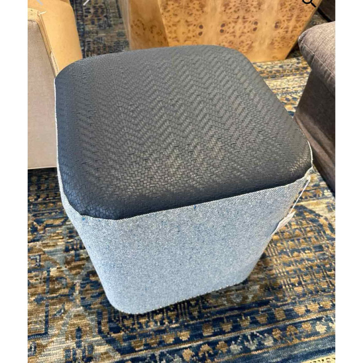 Square Ottoman in Faux Leather Blue Over Light Blue 19"Sq x 22"H - colletteconsignment.com