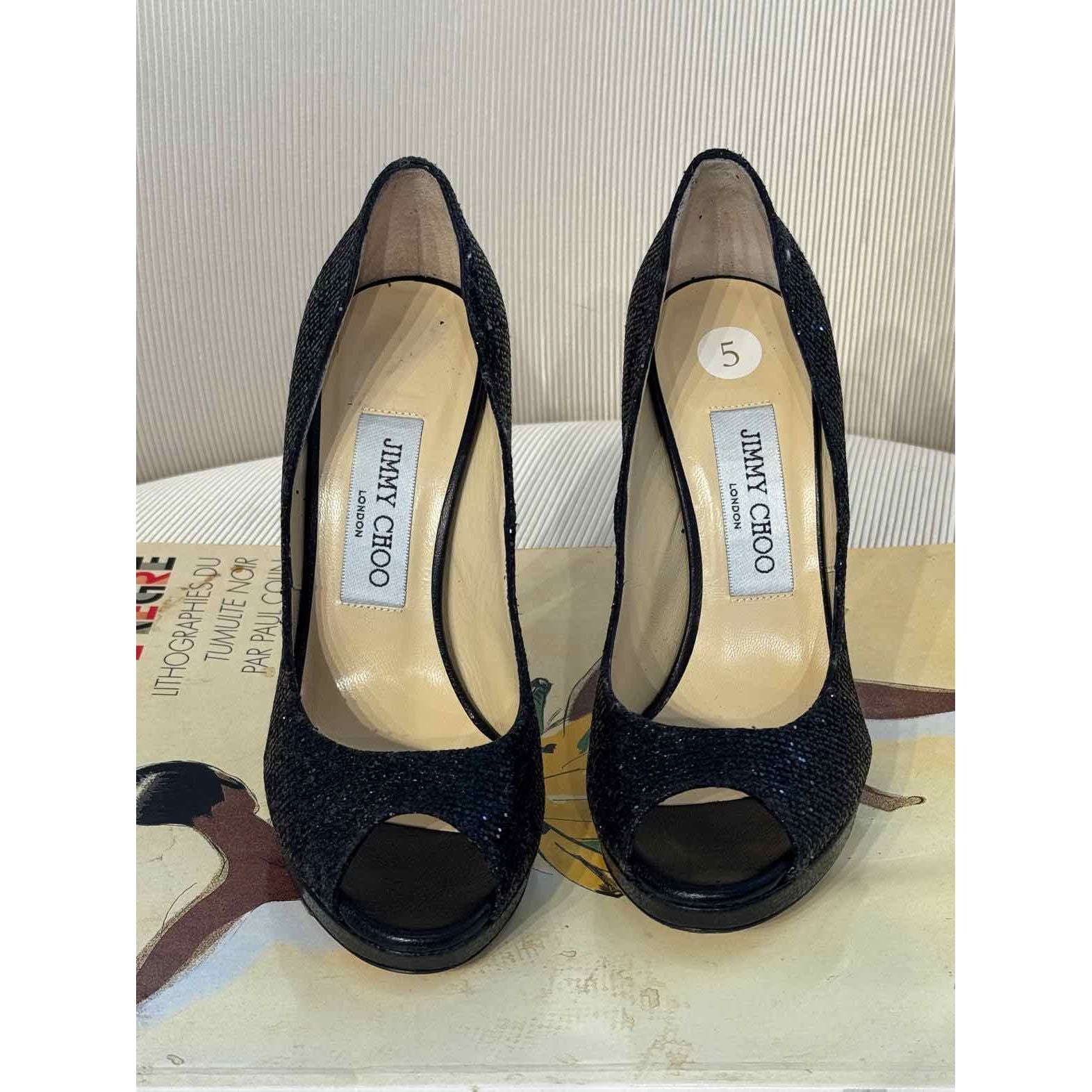 Women's Jimmy Choo Shoe Size 5 Black Glitter Heels  Sandals