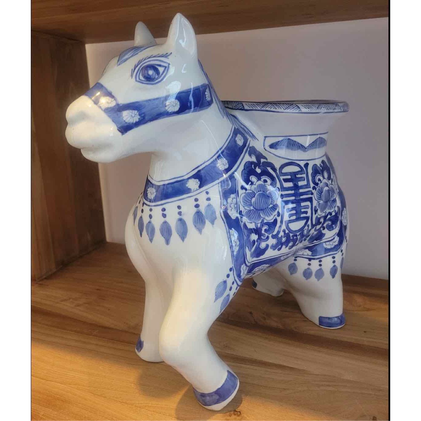 Chinese-Style Blue & White Ceramic Plant Stand Shaped Like Donkey