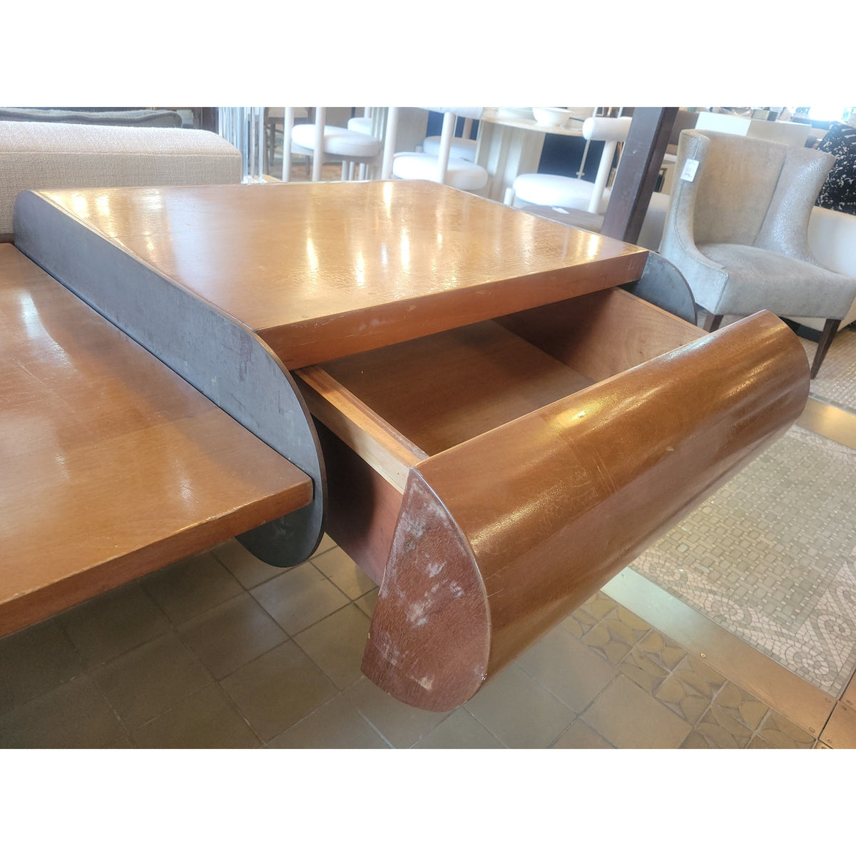 Mid-Century Curved Wood 1-Drawer Desk w/ Iron Legs