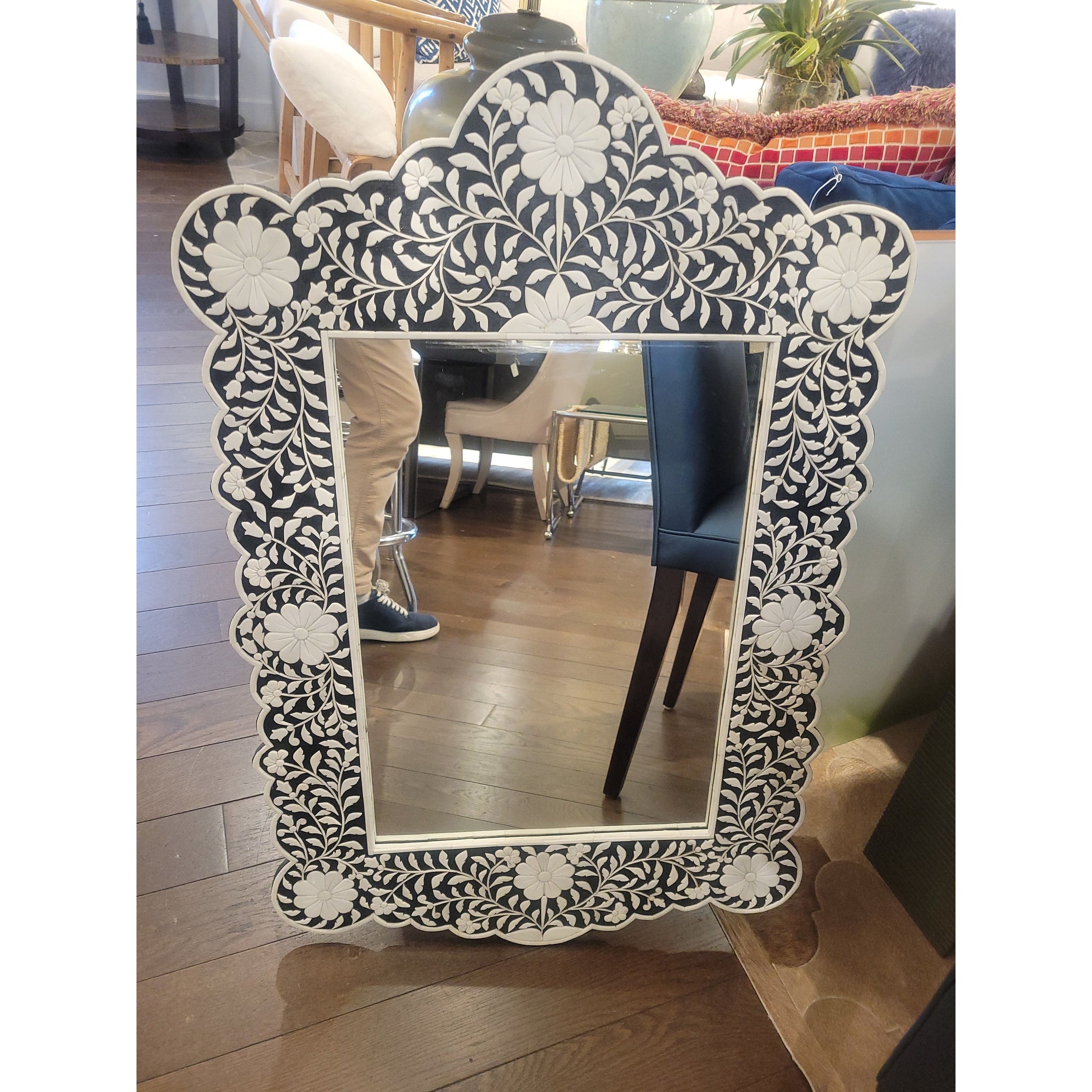 Floral Black & White Faux Inlay Mirror